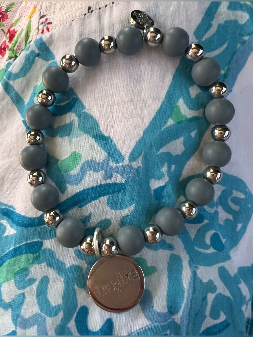Rustic Cuff Erin Matte Blue and Silver Bead Bracelet with Silver Accent Charm